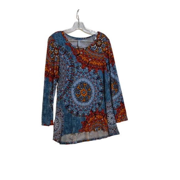 AWULIFFAN Long Sleeves Colorful Prints Pattern Long Back Stretchy Top Blouse M - Picture 1 of 4